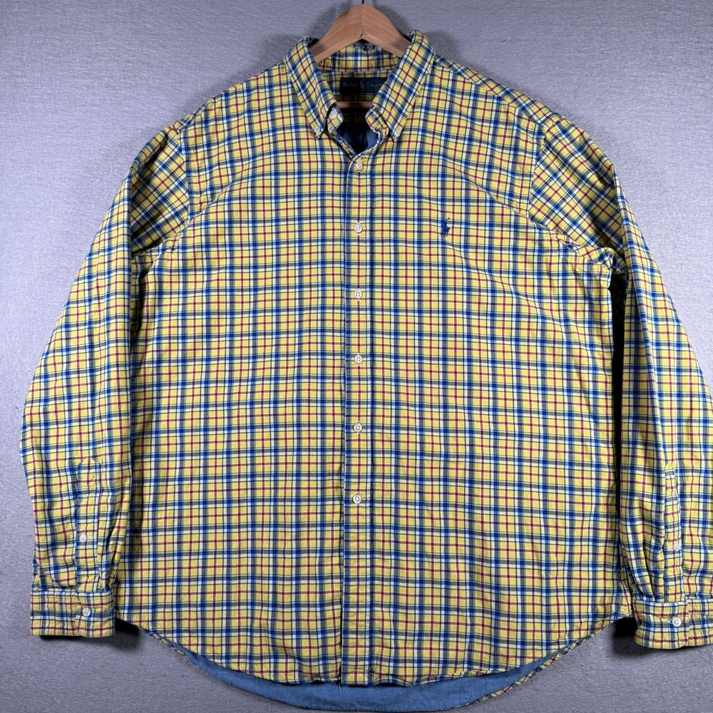 Ralph Lauren Mens XXL Plaid Button Down Shirt Yellow Blue Red Check Long Sleeve